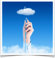 Hand plugging an ethernet cable in to a cloud in the sky