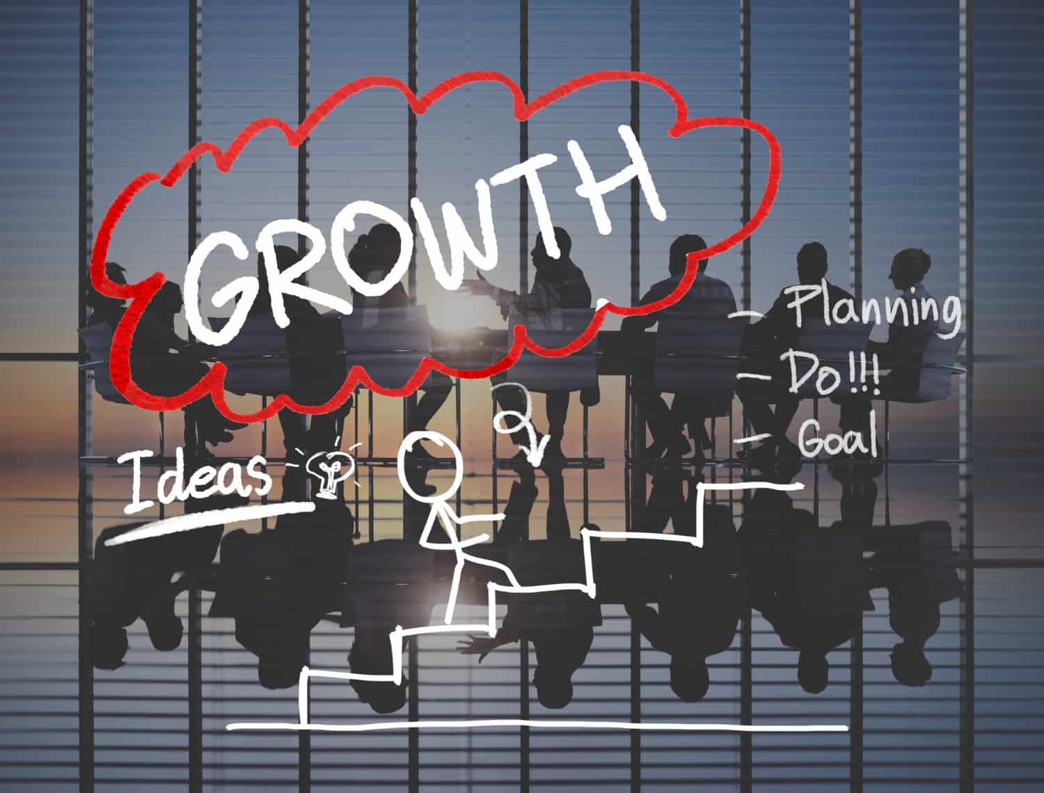 Silhouettes in a meeting room with the word 'Growth' in a red cloud, showing steps labeled 'Ideas,' 'Planning,' 'Do!!!,' and 'Goal'