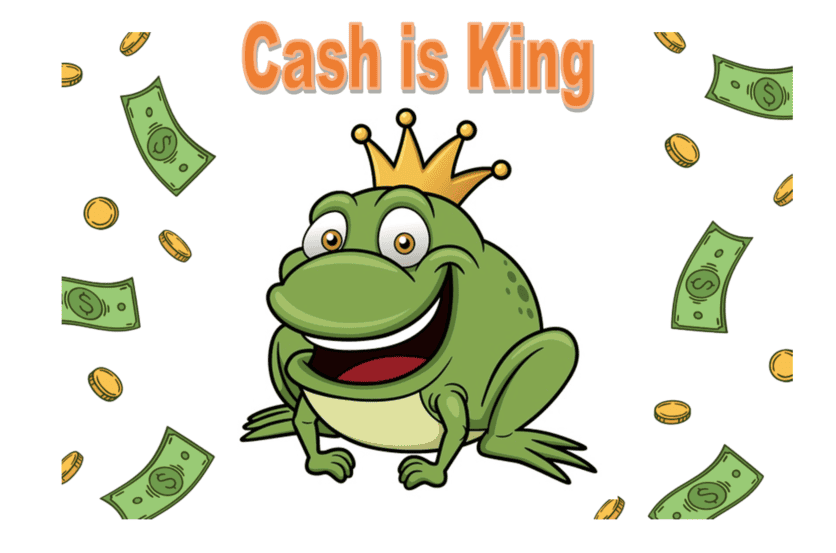 Picture of frog with a crown on its head with the text Cash is King.