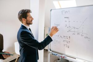 Man in Blue Suit Writing on White Board